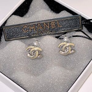 Authentic Chanel Mini Silver Crystal CC Stud Earrings